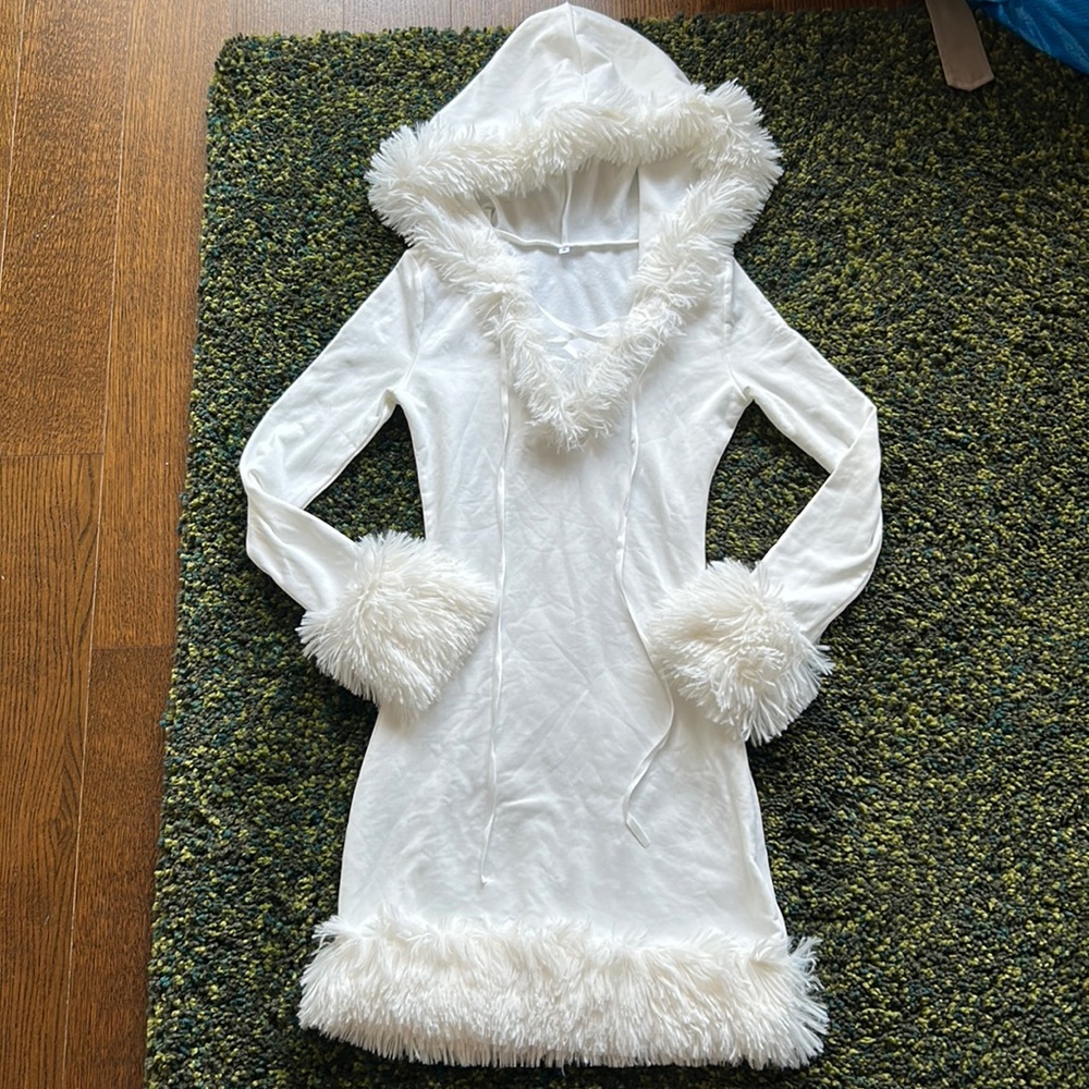 Y2K ‘Snow Queen’ Hooded Minidress with Fur Detailing